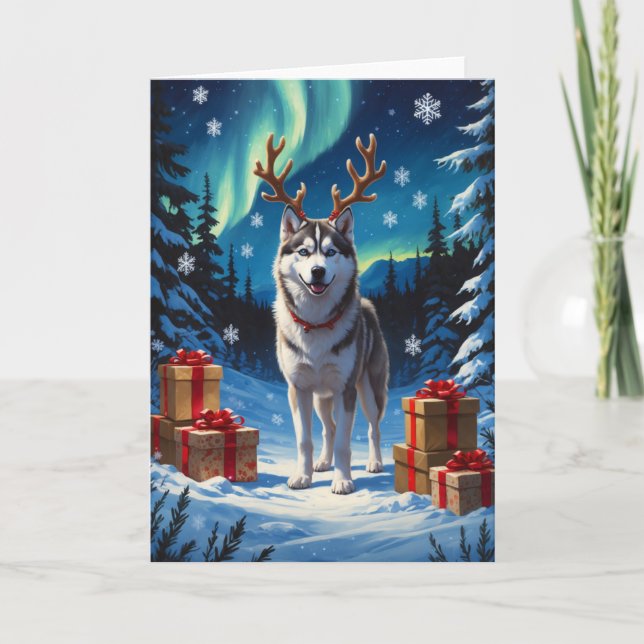 Festive Siberian Husky with Gifts Oil Painting Card (Front)