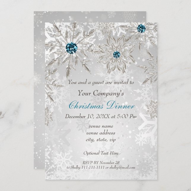 Festive Silver aqua Holiday party Invite (Front/Back)
