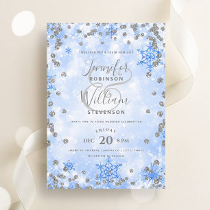Festive Silver Blue Glam Elegant Winter Wedding Invitation