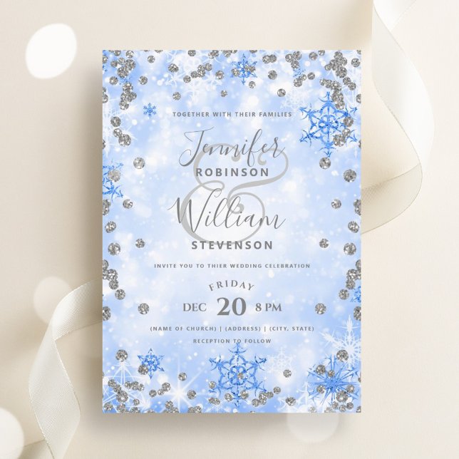 Festive Silver Blue Glam Elegant Winter Wedding  Invitation (Festive Silver Blue Glam Elegant Winter Wedding Invitation)