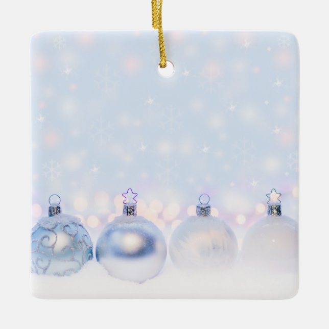 Festive Silver Christmas Balls on Snow Ceramic Ornament (Front)