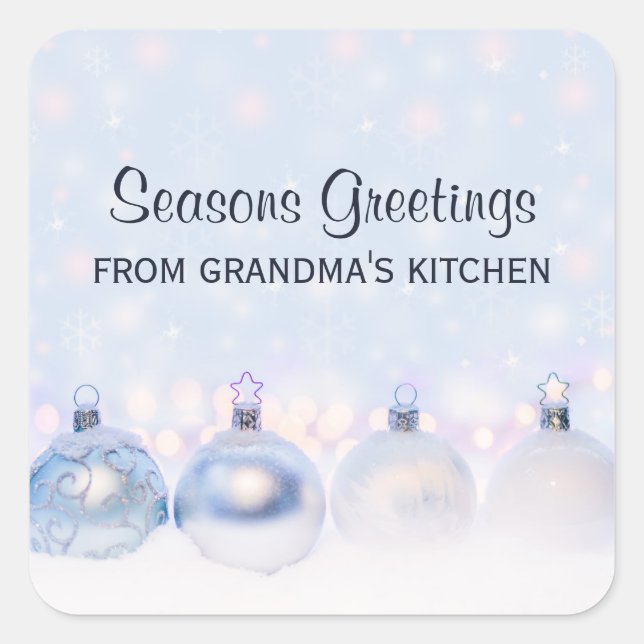 Festive Silver Christmas Balls on Snow Kitchen Square Sticker (Front)