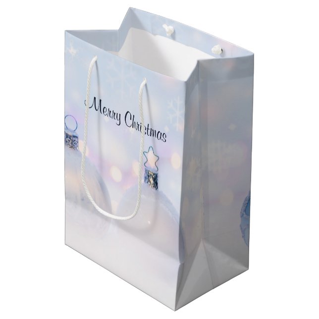 Festive Silver Christmas Balls on Snow Medium Gift Bag (Front Angled)
