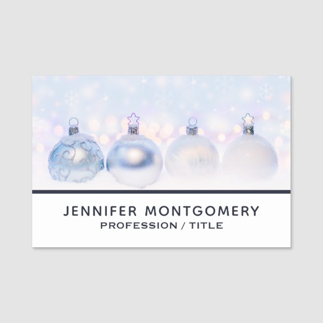 Festive Silver Christmas Balls on Snow Name Tag (Front)