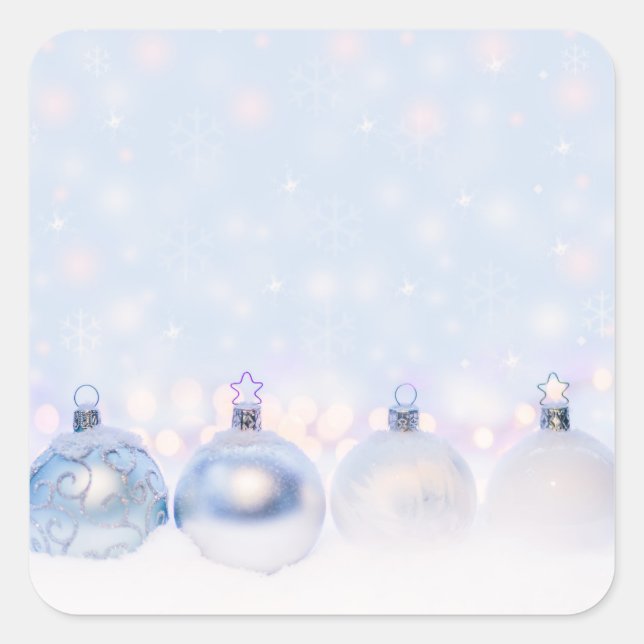 Festive Silver Christmas Balls on Snow Square Sticker (Front)
