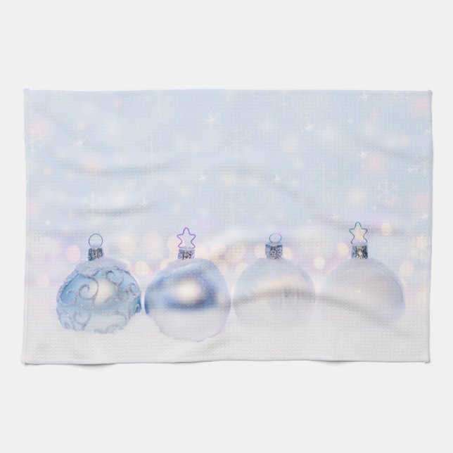 Festive Silver Christmas Balls on Snow Tea Towel (Horizontal)