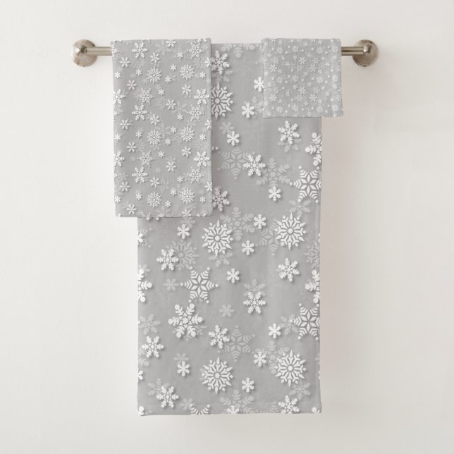 Festive Silver Grey and White Christmas Snow Bath Towel Set (Insitu)