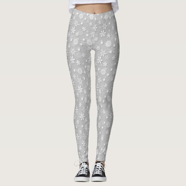 Festive Silver Grey and White Christmas Snow Leggings (Front)