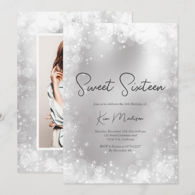 Festive silver white snow elegant chic sweet 16 invitation (Front/Back)