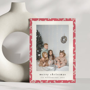 Festive Simple Red Floral Vertical Photo Christmas Holiday Card