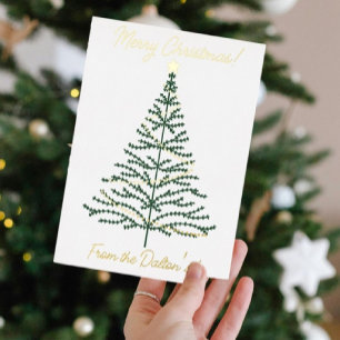Festive Simple White Green & Gold Christmas Tree Foil Holiday Card