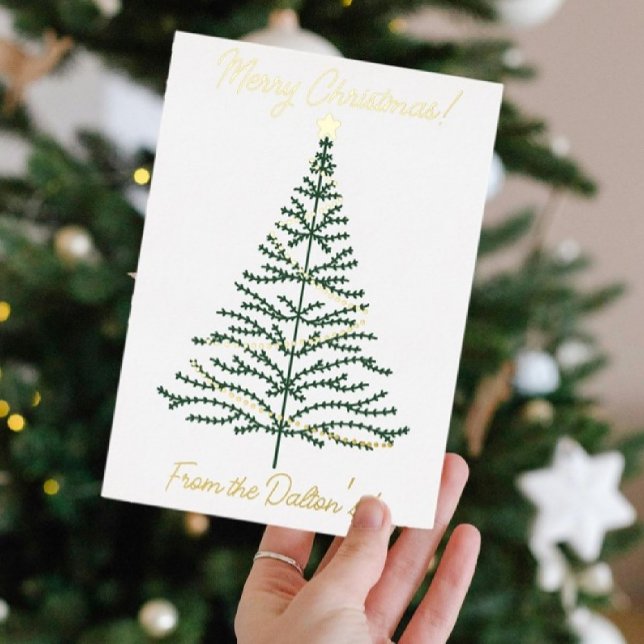 Festive Simple White Green & Gold Christmas Tree Foil Holiday Card (Creator Uploaded)
