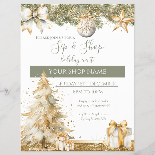 Festive Sip & Shop Holiday Event elegant marketing Flyer (Front)