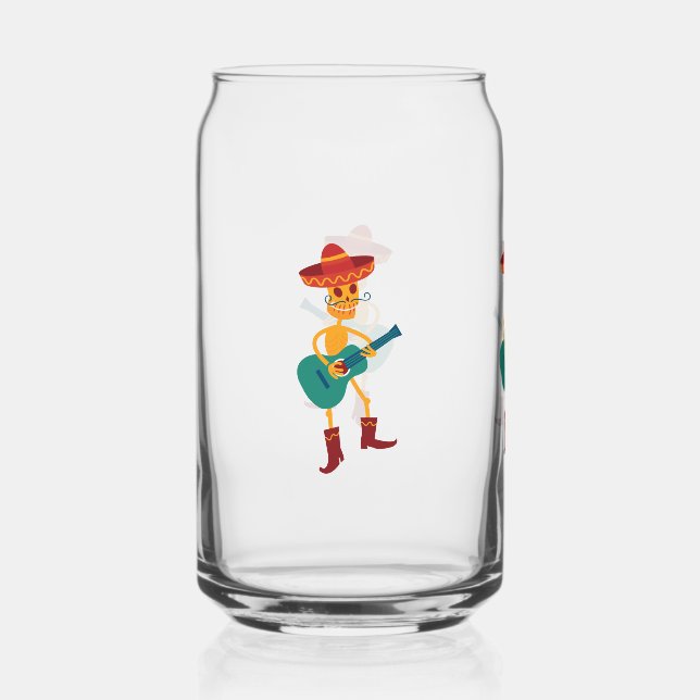 Festive Skeleton Guitar Player Can Glass (Front)