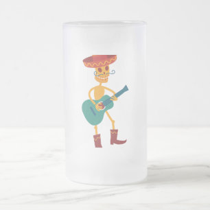 Festive Skeleton Guitar Player Frosted Glass Beer Mug