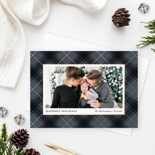 Festive Slate and Rose Gold Tartan Plaid Photo Foil Holiday Card