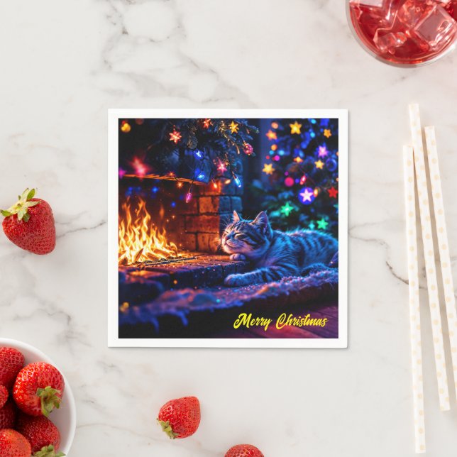 Festive sleeping cat colourful pet lover art napkin (Insitu)