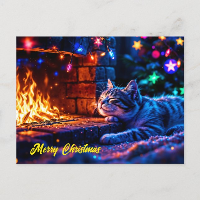 Festive sleeping cat colourful pet lover art postcard (Front)