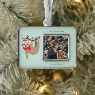 Festive Sloth Add Your Own Photo Silver Plated Framed Ornament