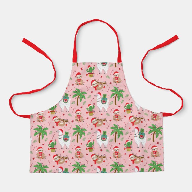 Festive Sloths and Llamas Holiday Pattern Apron (Front)