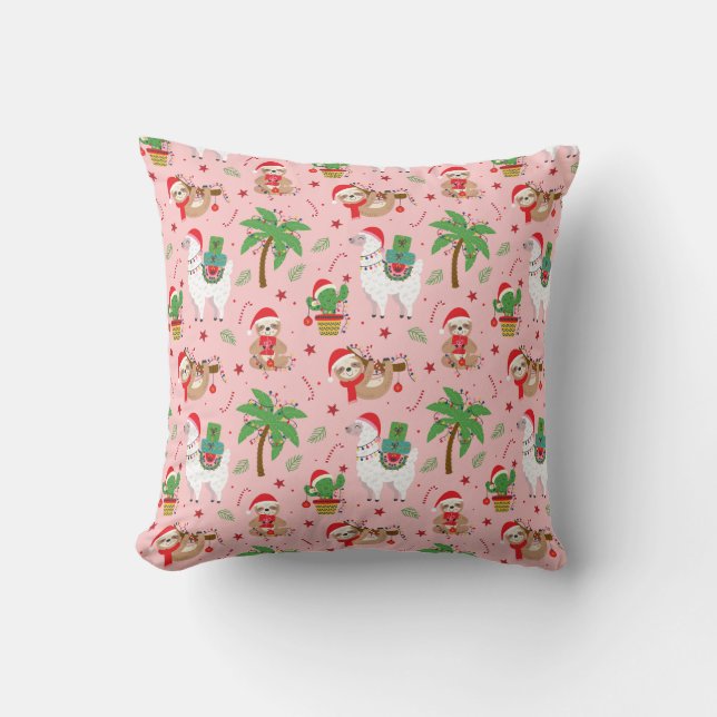 Festive Sloths and Llamas Holiday Pattern Cushion (Front)