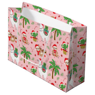 Festive Sloths and Llamas Holiday Pattern Large Gift Bag