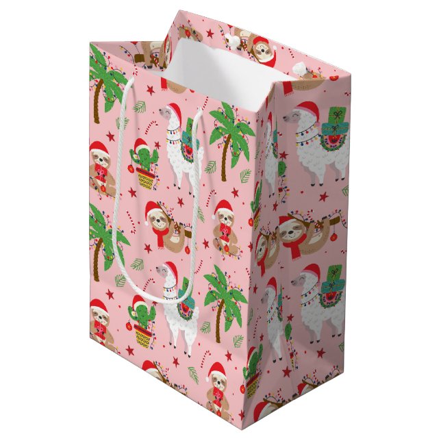 Festive Sloths and Llamas Holiday Pattern Medium Gift Bag (Front Angled)