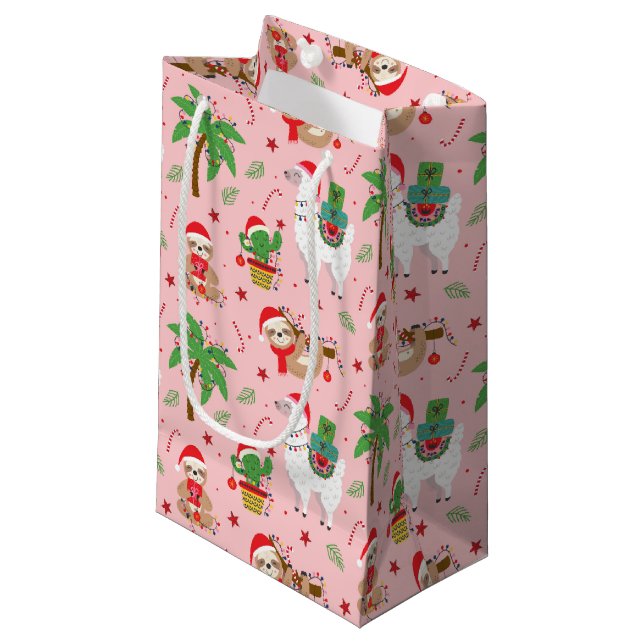 Festive Sloths and Llamas Holiday Pattern Small Gift Bag (Front Angled)