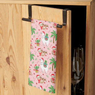 Festive Sloths and Llamas Holiday Pattern Tea Towel