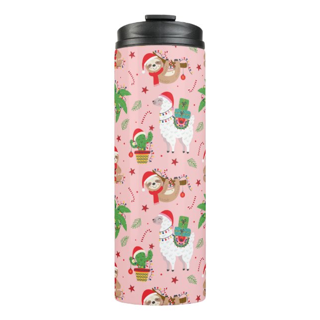 Festive Sloths and Llamas Holiday Pattern Thermal Tumbler (Front)