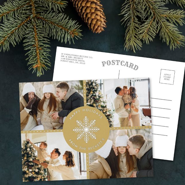 Festive Snowflake Christmas 4 Photo Real Foil Holiday Postcard (Creator Uploaded)