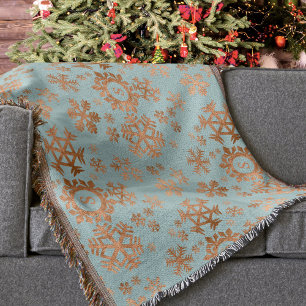 Festive Snowflake Monogrammed Blue Copper Brown Throw Blanket