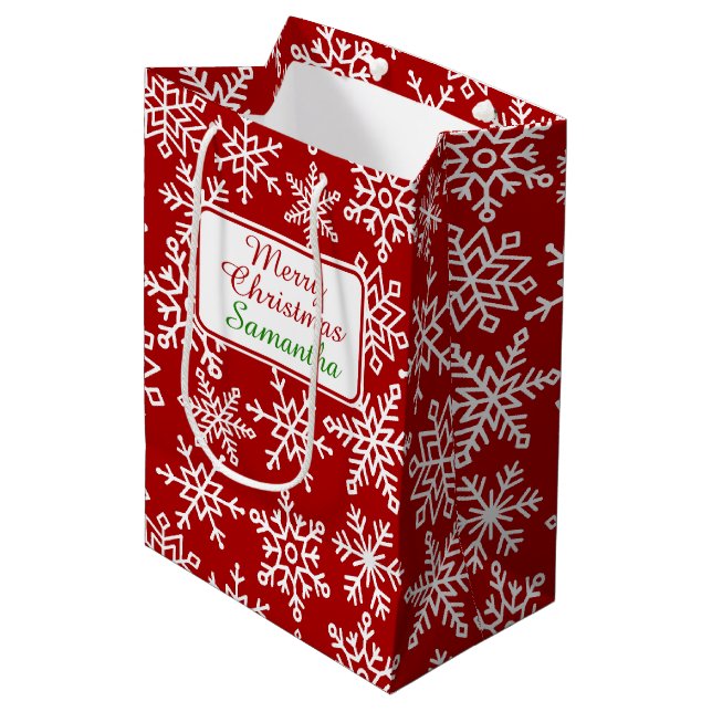 Festive Snowflake Red Christmas  Medium Gift Bag (Front Angled)