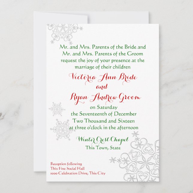 Festive Snowflake Red with Green Winter Wedding Invitation (Front)