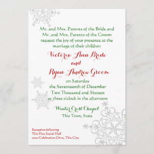 Festive Snowflake Red with Green Winter Wedding Invitation