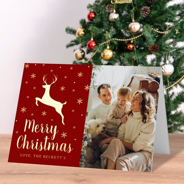 Festive Snowflake & Reindeer Christmas Photo Real Foil Holiday Card (Creator Uploaded)