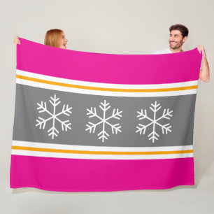 Festive Snowflakes Pink Grey Yellow White Stripes Fleece Blanket