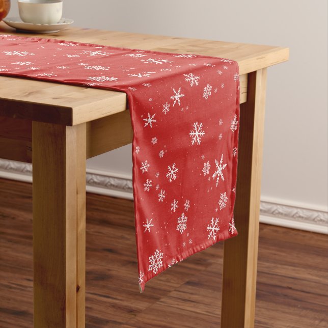 Festive Snowflakes Red Christmas Holiday Medium Table Runner (In Situ)