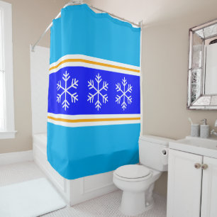 Festive Snowflakes Royal Blue Azure Winter Stripes Shower Curtain