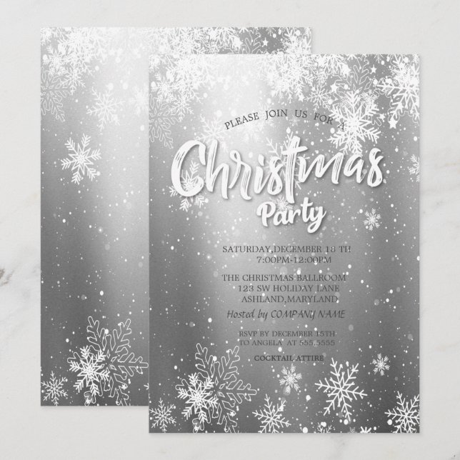 Festive Snowflakes Silver Christmas Company Invitation (Front/Back)