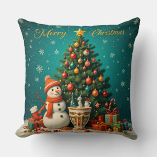 Festive Snowman and Christmas Tree with Gifts Cushion
