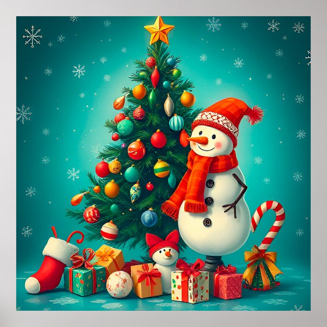 Festive Snowman and Christmas Tree with Gifts Poster (Front)