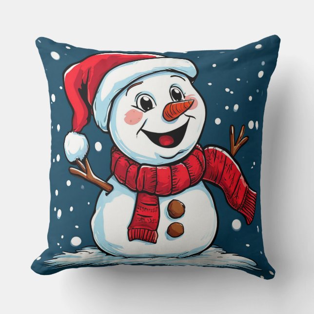Festive Snowman Cartoon with Santa Hat Cushion (Front)