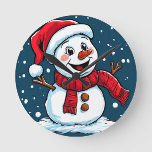 Festive Snowman Cartoon with Santa Hat Round Clock