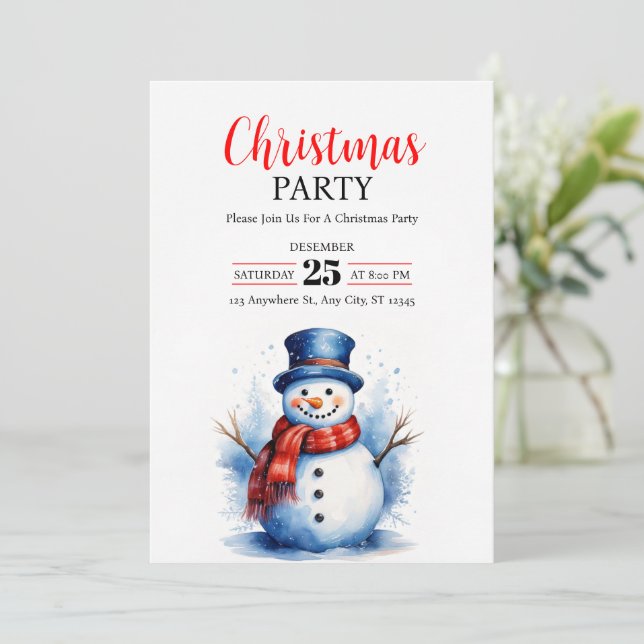 Festive Snowman Christmas Party Invitation (Standing Front)