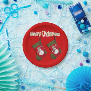 Festive Snowman Christmas Stockings Red Paper Plate