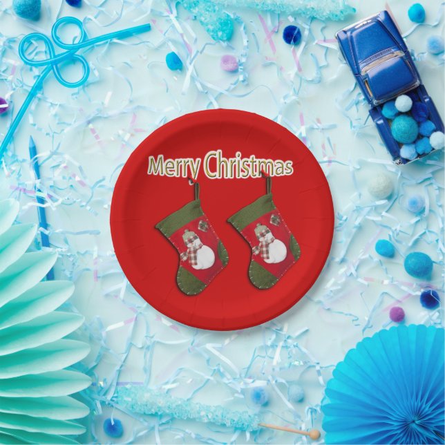 Festive Snowman Christmas Stockings Red Paper Plate (Party)