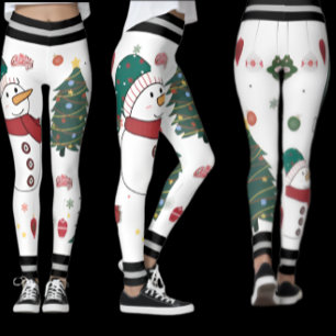 Festive Snowman & Christmas Tree Pattern Holiday  Leggings