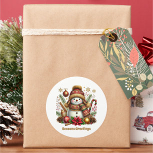 Festive snowman customisable Seasons Greetings Classic Round Sticker
