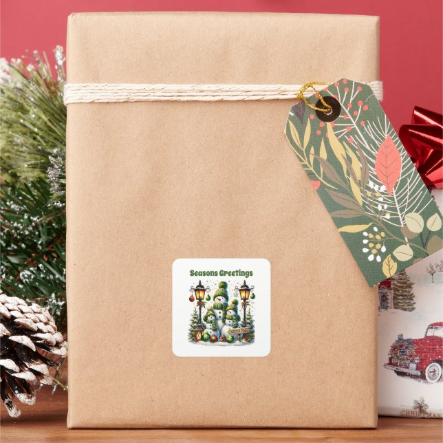 Festive snowman customisable Seasons Greetings Square Sticker (Holiday)